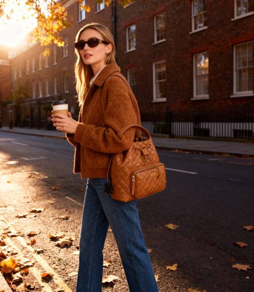 FIOR Designer Quilted Leather Bucket Bag, Mustad (1)